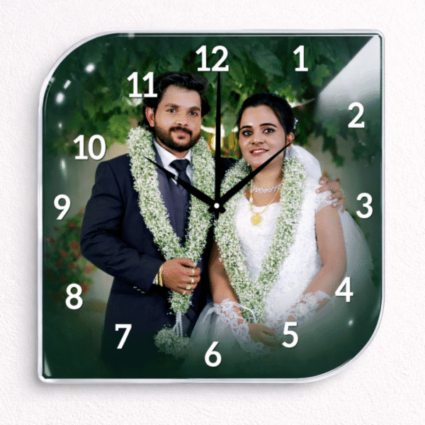 Personalized Acrylic Photo Wall Clock – Custom Wedding Couple Clock | Glossy Finish Memory Gift