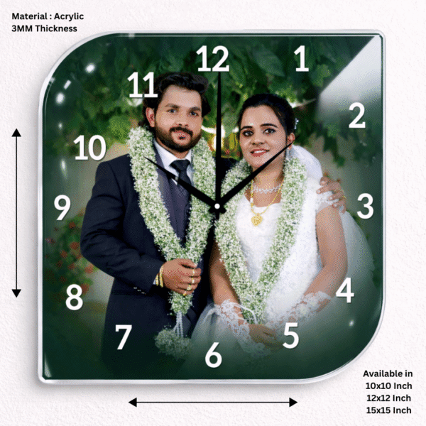 Personalized Acrylic Photo Wall Clock – Custom Wedding Couple Clock | Glossy Finish Memory Gift