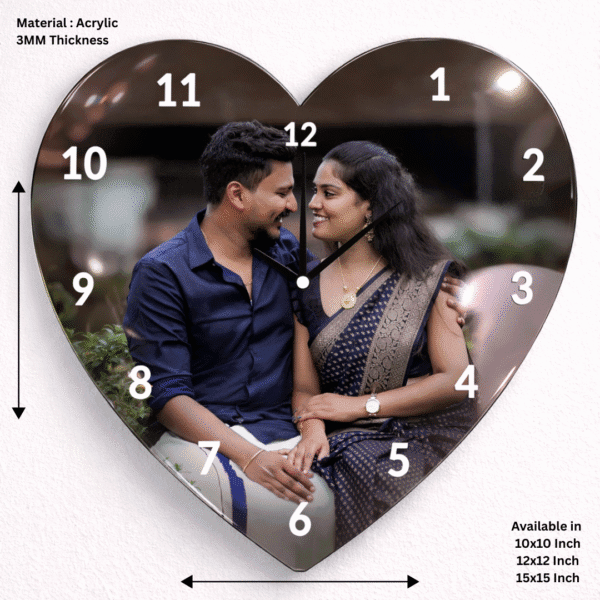 Personalized Heart Shape Acrylic Photo Wall Clock – Custom Couple Gift for Wedding & Anniversary